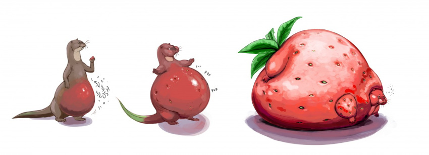 anthro belly big_belly brown_body brown_fur chubby_cheeks eating elemental_creature eyes_closed featherhead flora_fauna food food_creature food_transformation fruit fur holding_food holding_fruit holding_object inflation leaf_tail living_fruit lutrine lying male mammal mustelid nude obese obese_anthro obese_male on_front overweight overweight_anthro overweight_male plant red_body red_fur sequence simple_background smile solo sound_effects standing strawberry surprise transformation transformation_sequence weight_gain white_background wide_hips