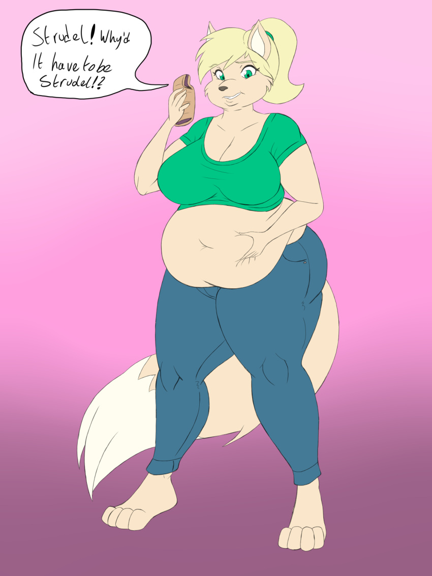 3:4 absurd_res anthro breasts canid canine canis cleavage clothed clothing coyote dialogue female haley_(lordstormcaller) hi_res mammal overweight solo strudel_(food) thunderkid92