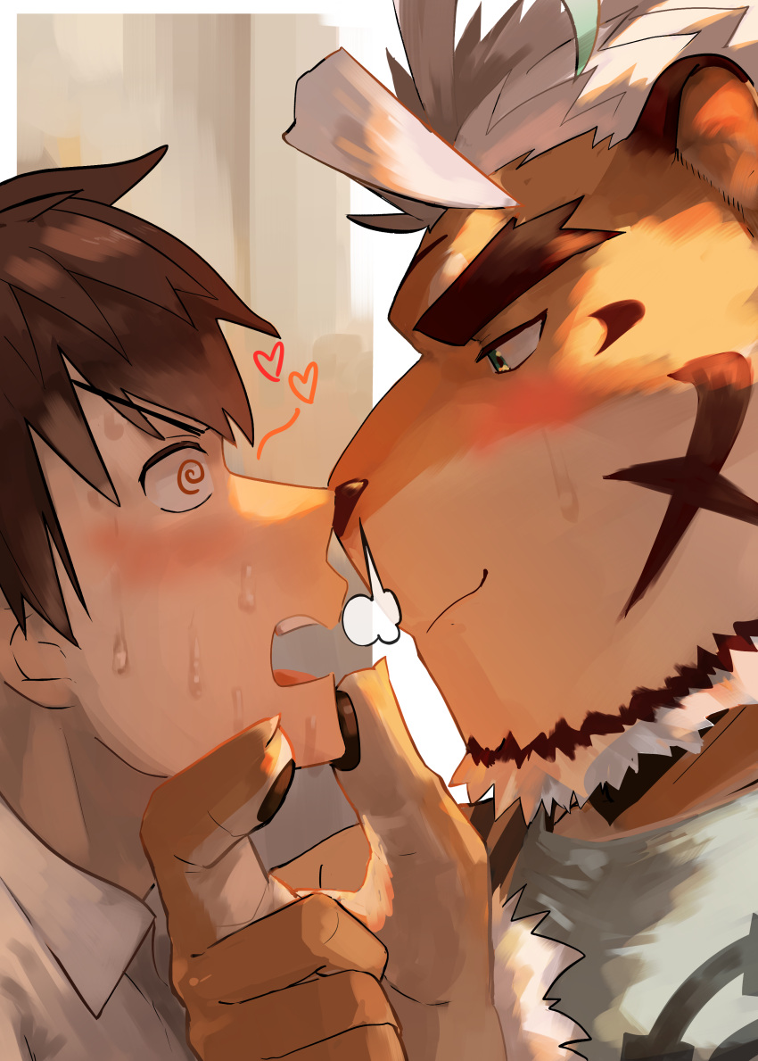 2boys @_@ absurdres after_kiss ahoge animal_ears bara beard blue_eyes blush breath couple eye_contact face facial_hair from_side furry furry_male furry_with_non-furry grabbing_another's_chin hand_on_another's_chin highres hombre_tigre_(housamo) interspecies looking_at_another male_focus master_4_(housamo) multiple_boys noses_touching saikorodekimeru short_hair smug sweatdrop thick_eyebrows tiger_boy tiger_ears tokyo_afterschool_summoners upper_body white_hair yaoi