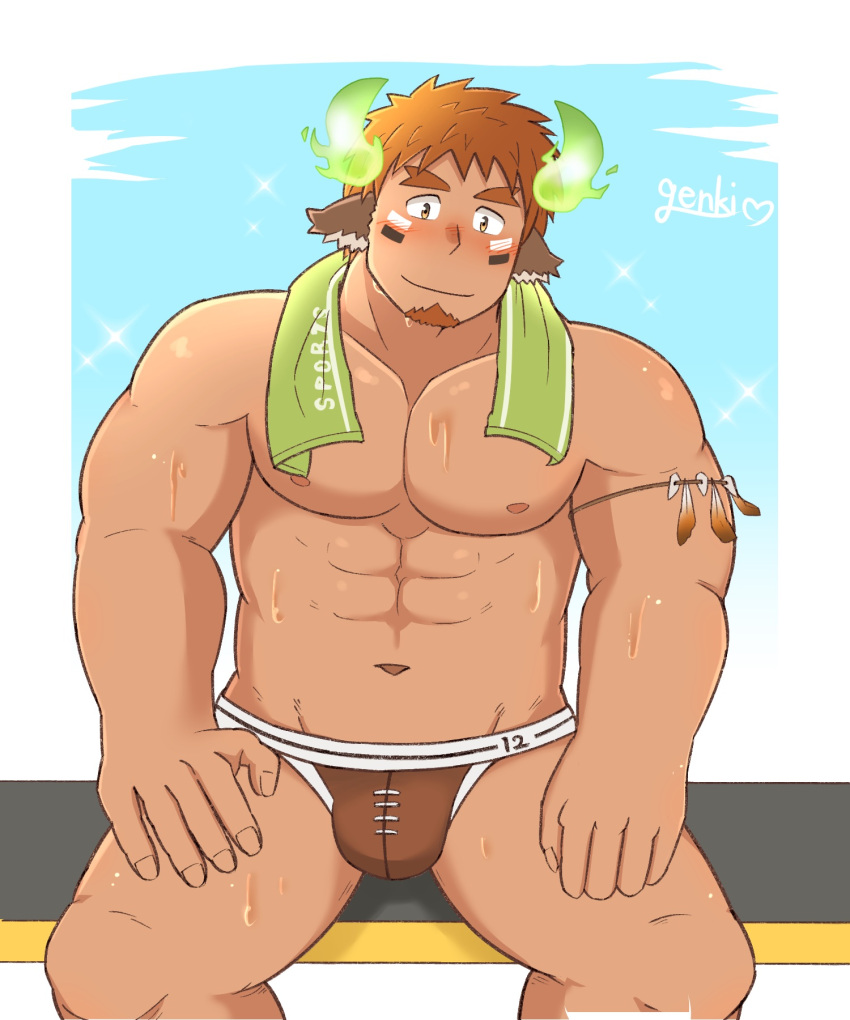 1boy abs animal_ears bad_hands bara blush brown_eyes brown_hair brown_male_underwear bulge cow_boy cow_ears cow_horns dark-skinned_male dark_skin facial_hair feet_out_of_frame fiery_horns forked_eyebrows genki_(gen2_genki) glowing_horns goatee highres horns male_focus male_underwear muscular muscular_male navel nipples pectorals rugby_underwear short_hair sitting smile solo spiked_hair stomach sweat thighs tokyo_afterschool_summoners topless_male underwear wakan_tanka