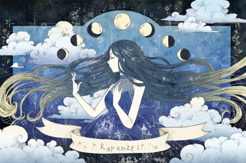 1girl absurdres banner black_hair blonde_hair blue_background blue_dress border character_name closed_eyes cloud cocoroppy commentary crescent_moon dress facing_to_the_side floating_hair flower full_moon gradient_hair hand_on_own_chest hand_up highres image_fill long_hair moon moon_phases multicolored_hair original pink_flower profile rapunzel rapunzel_(grimm) roman_numeral sleeveless sleeveless_dress solo star_(sky) tower very_long_hair