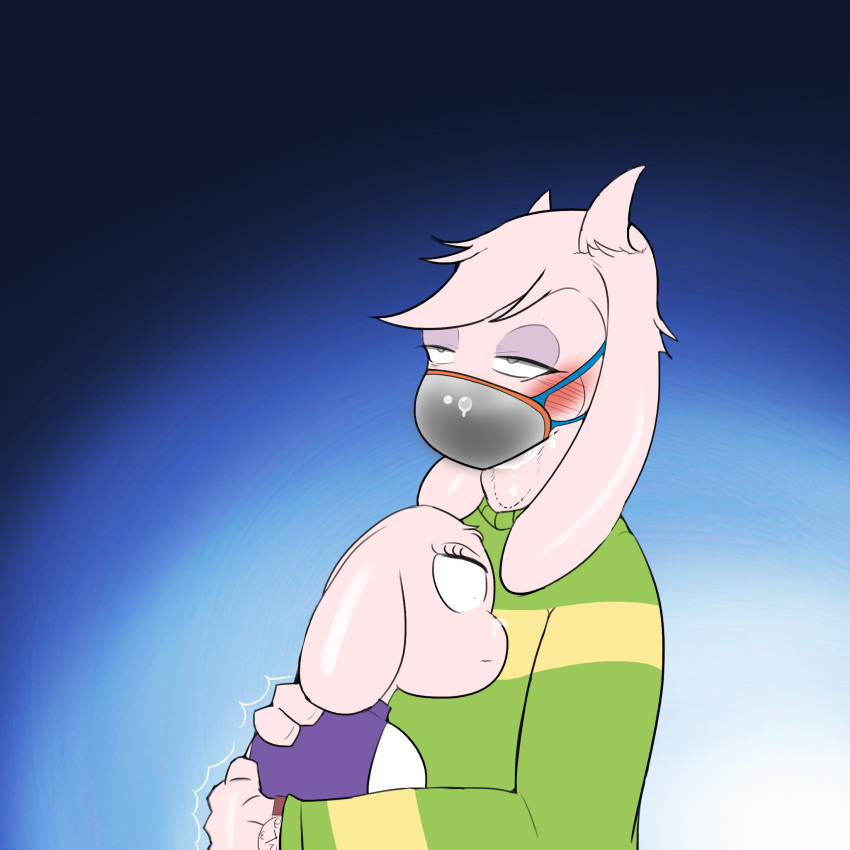 1:1 anthro asriel_dreemurr bodily_fluids bovid caprine clothing cum cum_overflow embrace female genital_fluids goat hi_res hug male mammal portal portal_mask shocked_expression swallowing sweater thinking_with_portals topwear toriel undertale undertale_(series) video_games wzzzki