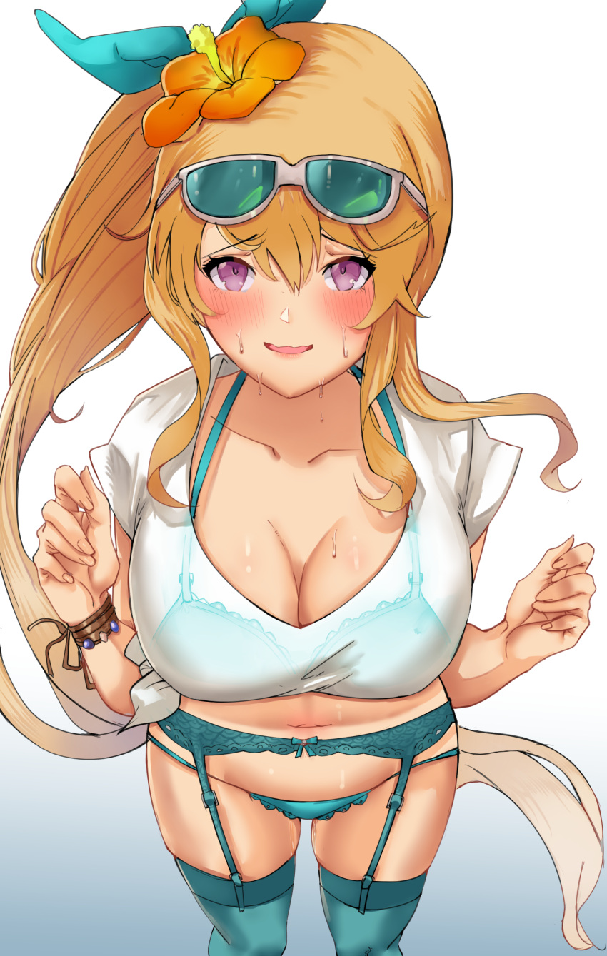 1girl aqua_bra aqua_legwear aqua_panties blonde_hair blush bra bra_visible_through_clothes bralines breasts commission dragalia_lost elisanne flower from_above garter_belt garter_straps garters hair_between_eyes highres large_breasts lingerie long_hair looking_at_viewer nyahpa20 panties ponytail purple_eyes pussy_juice see-through shiny shiny_skin shirt solo sunglasses sweat underwear very_long_hair white_background white_shirt