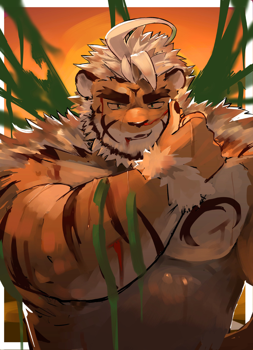 1boy absurdres ahoge animal_ears bara beard belly blood blood_from_mouth blue_eyes facial_hair furry furry_male highres hombre_tigre_(housamo) large_pectorals male_focus muscular muscular_male no_nipples nosebleed nude pectorals plump saikorodekimeru short_hair slime_(substance) solo stomach thick_eyebrows tiger_boy tiger_ears tokyo_afterschool_summoners upper_body white_hair