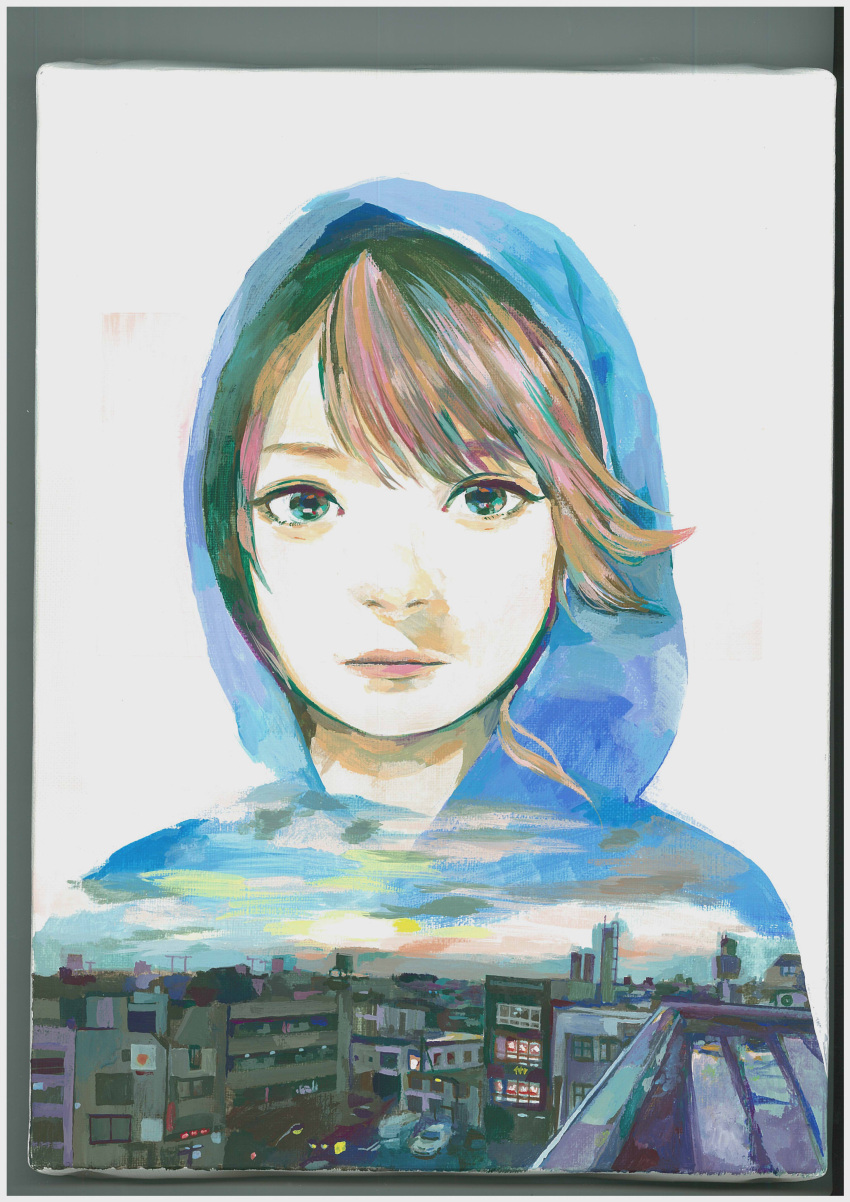 1girl absurdres bangs brown_hair city cityscape expressionless highres hood hood_up hoodie junjunforever looking_to_the_side multicolored_hair original sky solo swept_bangs traditional_media