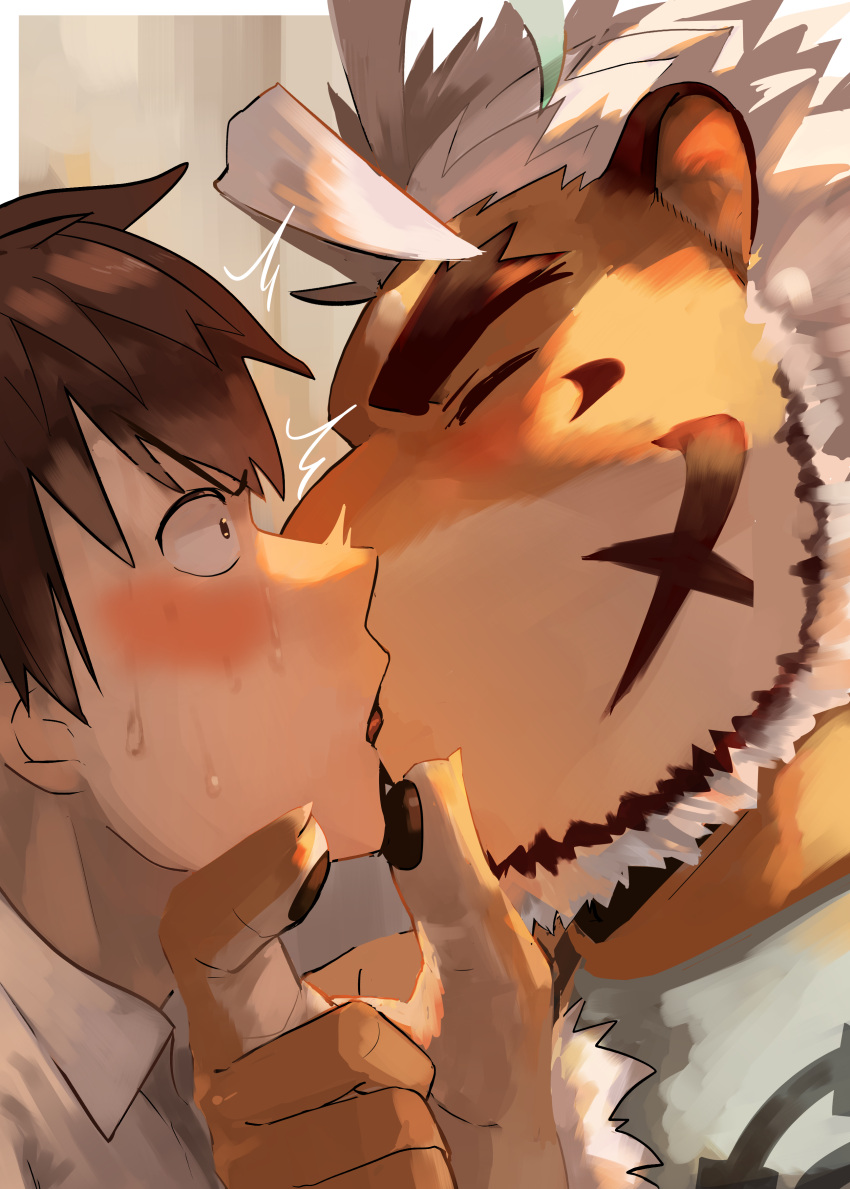 2boys absurdres ahoge animal_ears bara beard blue_eyes blush couple eye_contact face facial_hair french_kiss from_side furry furry_male furry_with_non-furry grabbing_another's_chin hand_on_another's_chin highres hombre_tigre_(housamo) interspecies kiss looking_at_another male_focus master_4_(housamo) multiple_boys saikorodekimeru short_hair sweatdrop thick_eyebrows tiger_boy tiger_ears tokyo_afterschool_summoners upper_body white_hair yaoi