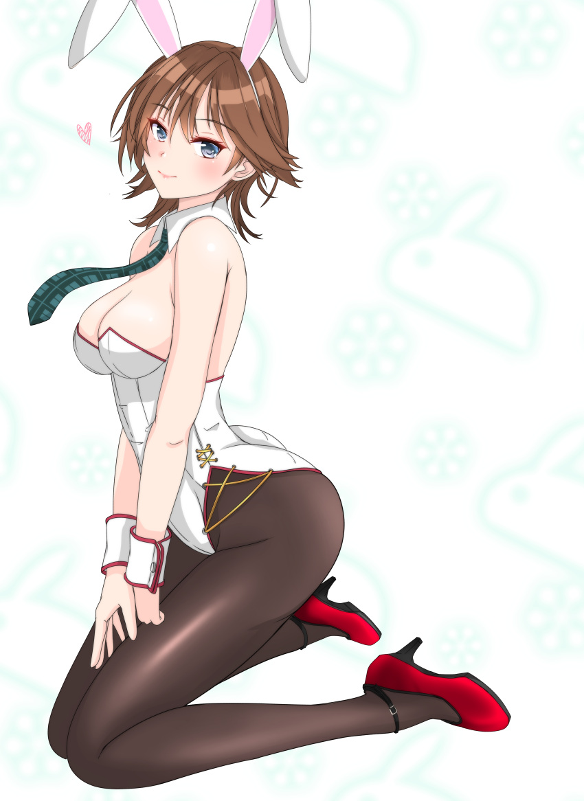 1girl absurdres alternate_costume animal_ears ass bare_shoulders black_legwear blue_eyes blush breasts brown_hair cleavage detached_collar eyebrows_visible_through_hair fake_animal_ears from_side green_neckwear hiei_(kancolle) high_heels highres kantai_collection large_breasts looking_at_viewer necktie nitamako_(sakamalh) pantyhose playboy_bunny rabbit_ears red_footwear seiza short_hair sitting smile solo wrist_cuffs