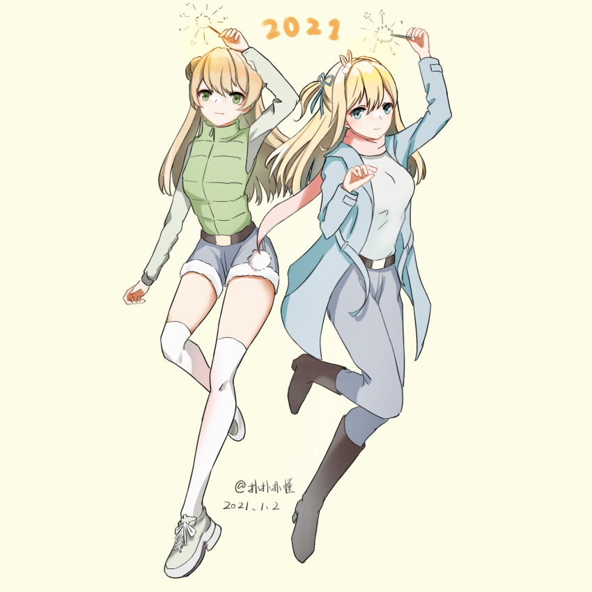 2021 2girls artist_name bangs belt blonde_hair blue_eyes blue_jacket blue_pants blue_shorts boots breasts brown_footwear casual closed_mouth dated double_bun eyebrows_visible_through_hair full_body girls'_frontline green_eyes green_vest hair_ribbon hairband hand_up highres holding jacket long_hair long_sleeves looking_at_viewer multiple_girls open_clothes open_jacket over-kneehighs pants rfb_(girls'_frontline) ribbon sakatakin shirt shoes shorts side_ponytail sneakers standing standing_on_one_leg suomi_(girls'_frontline) thighhighs vest white_footwear white_legwear white_shirt yellow_background