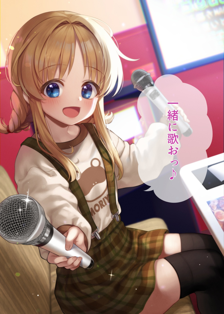 1girl :d alternate_costume alternate_hairstyle animal_print bangs black_legwear blue_eyes blush commentary_request couch dot_nose english_text eyebrows_visible_through_hair eyelashes fingernails frog_print green_skirt happy highres karaoke long_sleeves looking_at_viewer medium_hair microphone miniskirt moriya_suwako nora_wanko open_mouth parted_bangs plaid plaid_skirt shirt sidelocks sitting skirt smile solo sparkle suspender_skirt suspenders table television thighhighs touhou white_shirt