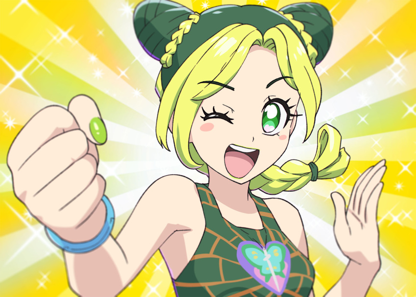 1girl blonde_hair blush_stickers bracelet braid double_bun eyebrows_visible_through_hair green_eyes green_hair green_nails green_tank_top highres jewelry jojo_no_kimyou_na_bouken kujo_jolyne looking_at_viewer multicolored_hair nail_polish one_eye_closed open_mouth parody precure short_hair single_braid smile solo stone_ocean style_parody tank_top tropical-rouge!_precure two-tone_hair ueyama_michirou