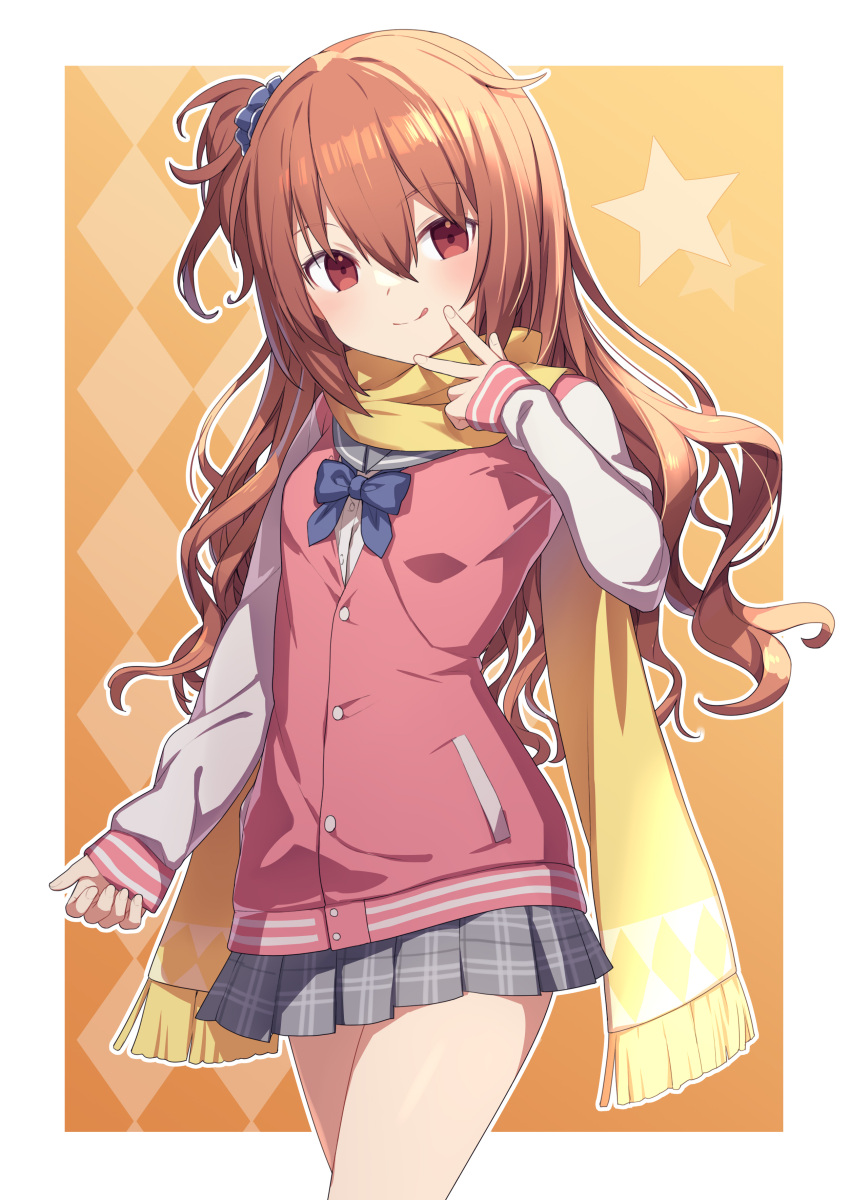 1girl :q absurdres bangs blue_bow blush bow brown_hair closed_mouth commission eyebrows_visible_through_hair fringe_trim grey_sailor_collar grey_skirt hair_between_eyes hand_up highres hiraga_matsuri inaba_meguru jacket letterman_jacket long_hair long_sleeves one_side_up pink_jacket plaid plaid_skirt pleated_skirt red_eyes sailor_collar sanoba_witch scarf school_uniform serafuku shirt skeb_commission skirt sleeves_past_wrists smile solo tongue tongue_out v very_long_hair white_shirt yellow_scarf