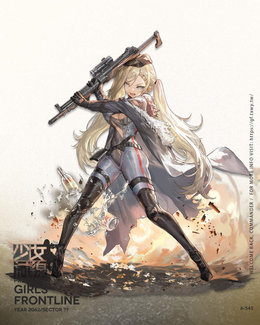 1girl a-545_(girls'_frontline) alcohol angry aqua_eyes artist_request assault_rifle belt beret black_belt black_footwear black_gloves blonde_hair bodysuit boots bottle braid breasts character_name cleavage cloak commentary_request copyright_name covered_navel crushed eyebrows_visible_through_hair flask french_braid full_body fur-trimmed_cloak fur_trim girls'_frontline gloves grey_bodysuit grey_cloak gun hair_ornament hairclip hat high_heel_boots high_heels highres hillly_(maiwetea) holding holding_gun holding_weapon knee_pads long_hair looking_at_viewer medium_breasts official_art open_mouth partially_fingerless_gloves promotional_art rifle rubber_boots solo standing stolichnaya_(vodka) thigh_boots thighhighs thighs torn_bodysuit torn_cloak torn_clothes twintails vodka weapon