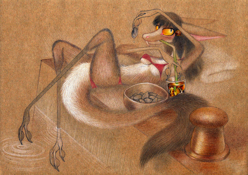absurd_res anthro bent_legs bikini bivalve breasts clam clothing drinking drinking_straw female fuchs hi_res kassen_akoll looking_at_viewer lying mammal marine mollusk on_back out-of-placers partially_submerged simple_background solo swimwear traditional_media_(artwork) water webcomic yinglet
