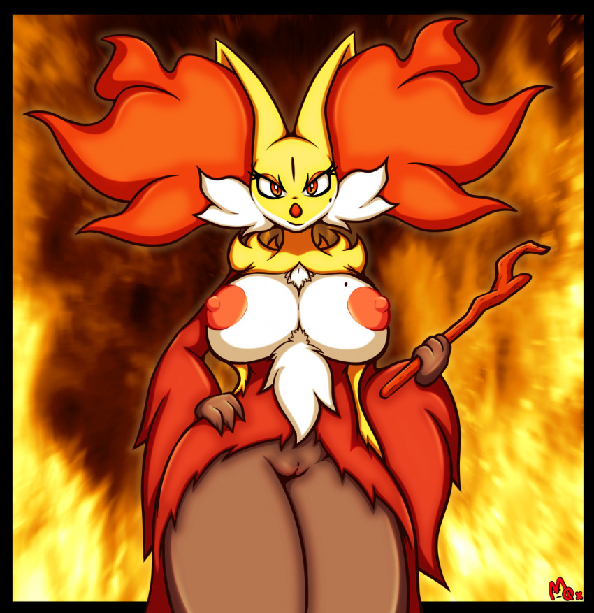 anthro beauty_mark big_breasts breasts delphox female genitals hand_on_hip hi_res looking_at_viewer moxlewd nintendo nude pok&eacute;mon pok&eacute;mon_(species) pussy smile solo video_games