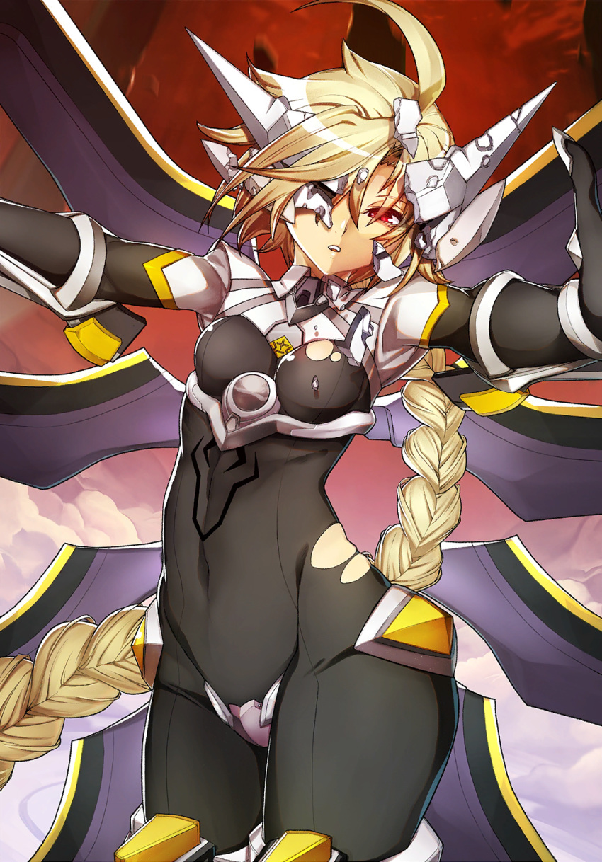 1girl ahoge armor battle_damage black_bodysuit blazblue blazblue_alternative:_dark_war blonde_hair bodysuit braid breasts broken_armor broken_eyewear covered_eyes covered_face falling_rock floating floating_object floating_sword floating_weapon hair_weapon highres incoming_hug katou_yuuki lambda-11 long_hair mecha_musume official_art one_eye_covered pauldrons red_eyes red_sky ruins shoulder_armor single_braid sky small_breasts solo sword torn_clothes very_long_hair visor weapon