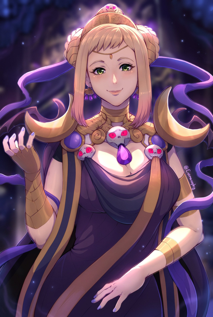 1girl absurdres arm_strap black_dress blonde_hair breasts choker circlet cleavage closed_mouth cosplay crossover dress earrings english_commentary evomanaphy fire_emblem fire_emblem_heroes gem green_eyes hades_(game) hair_ornament henriette_(fire_emblem) highres jewelry lips nyx_(hades) nyx_(hades)_(cosplay) sidelocks skull skull_hair_ornament smile solo twitter_username