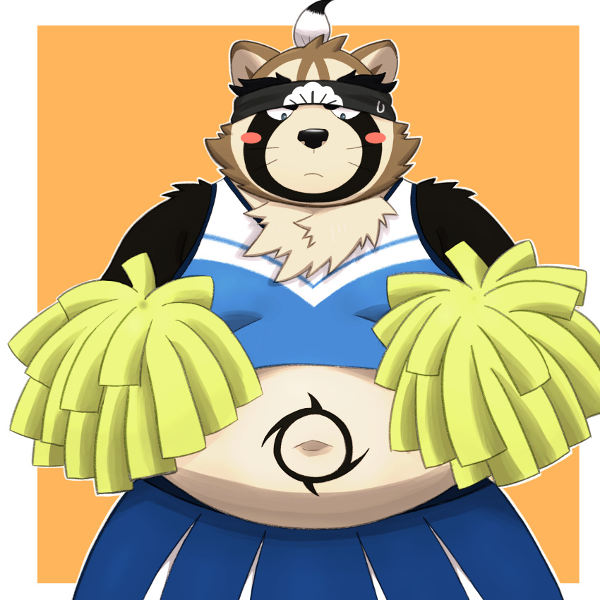 anthro belly blush canid canine cheerleader clothed clothing crossdressing embarrassed hi_res lifewonders live-a-hero male mammal midriff navel overweight pom_poms raccoon_dog shoen solo tanuki video_games yaki_atsuage