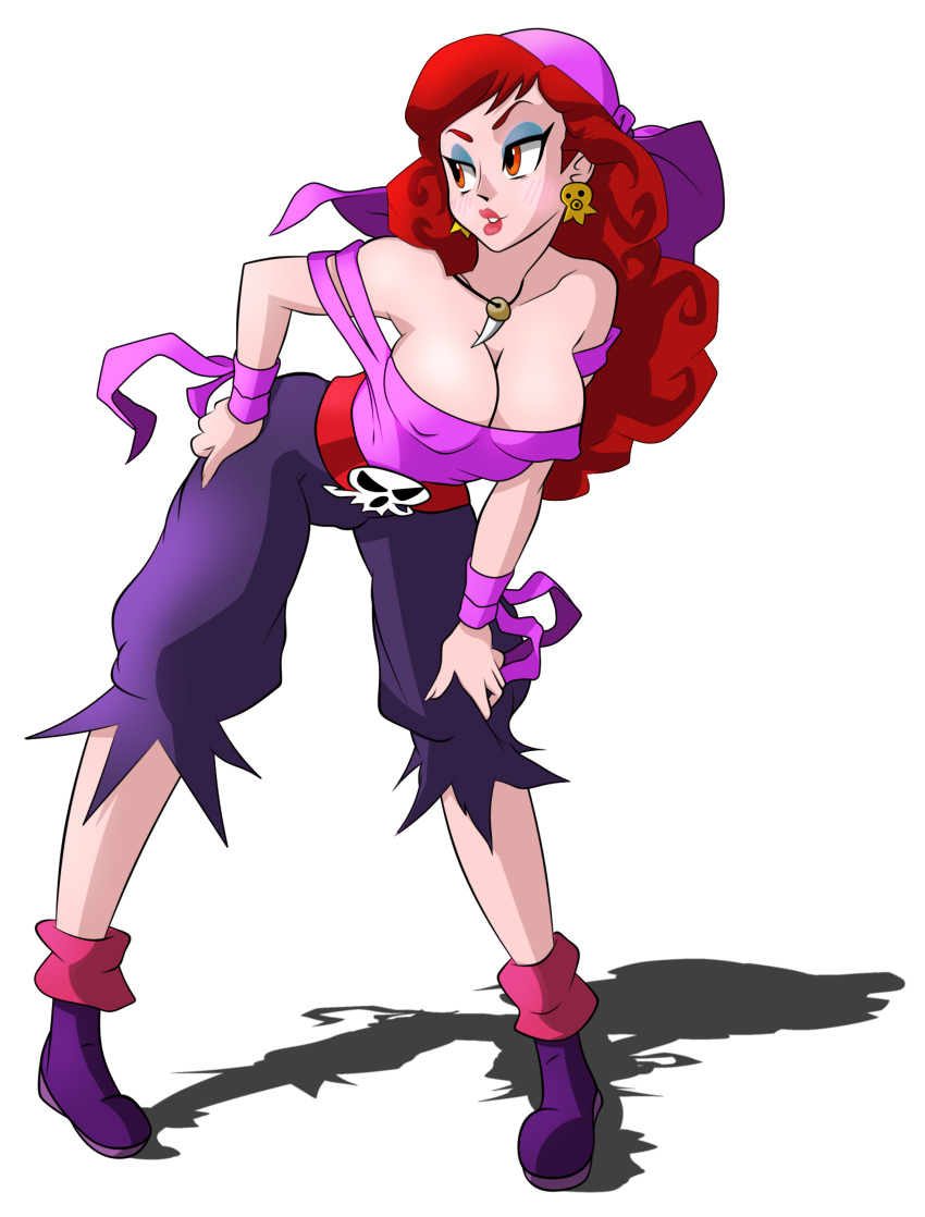 absurdres bandana boots captain_syrup covered_nipples earrings eyeshadow highres jewelry makeup philllord pink_lips pirate red_eyes red_hair solo wario_land