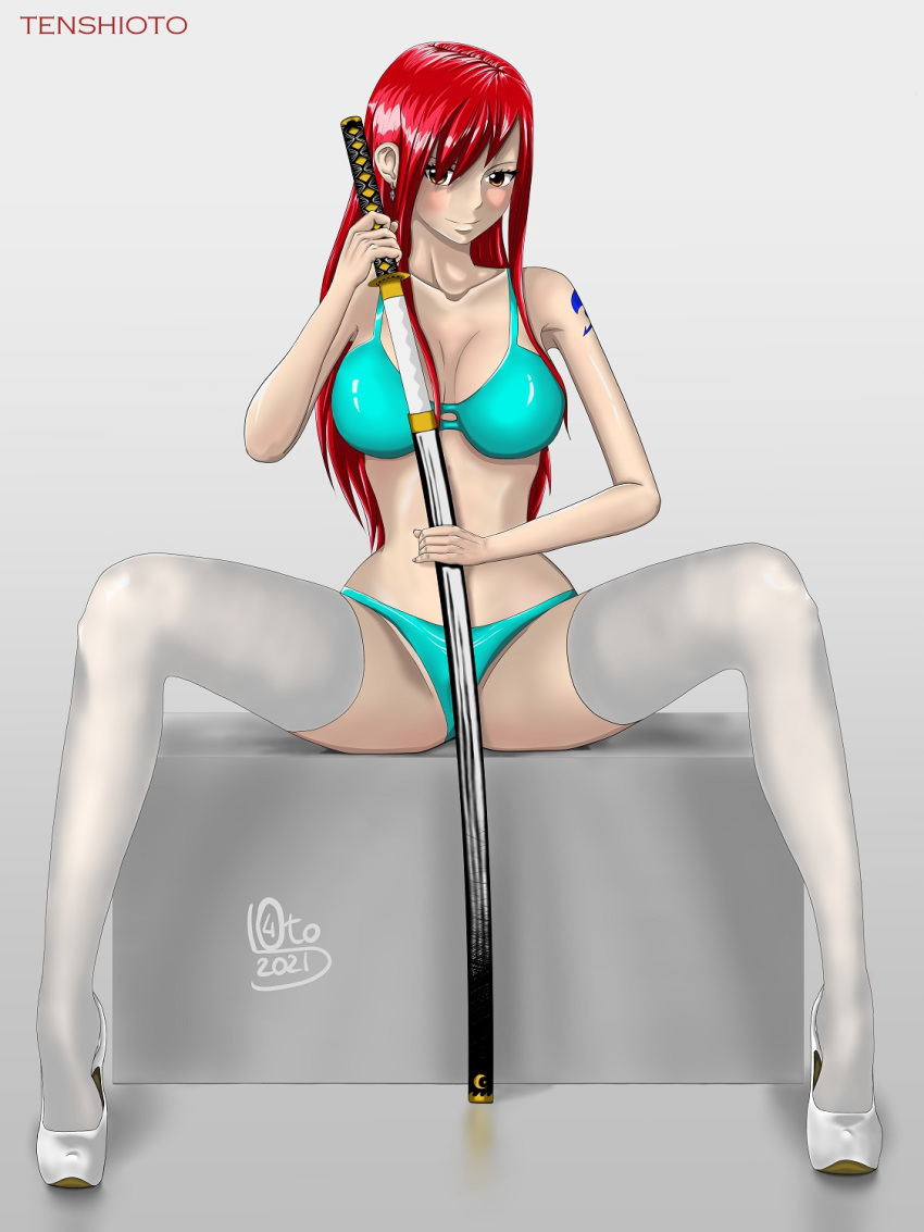 bikini blue_bikini breasts erza_scarlet fairy_tail high_heels highres legs panties red_hair sitting spread_legs swimsuit sword tattoo tenshioto thighhighs underwear weapon white_legwear