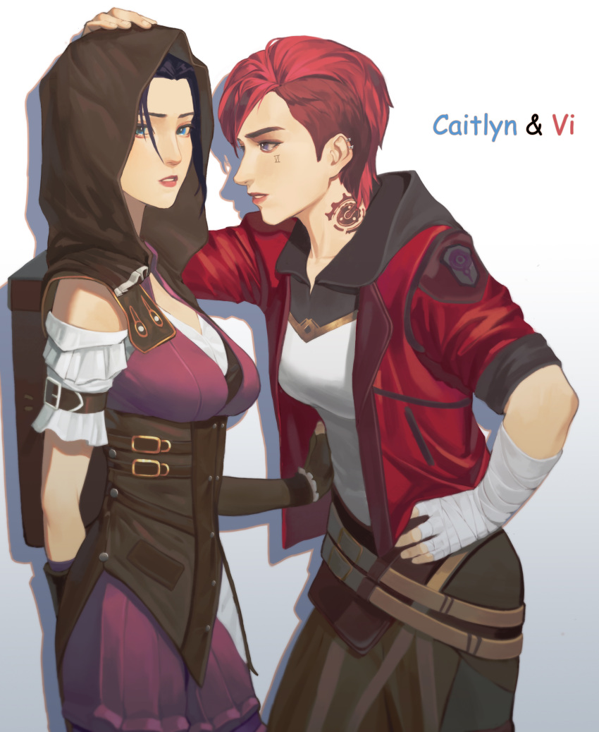 2girls absurdres arcane:_league_of_legends arm_behind_back backpack bag bandaged_arm bandaged_hand bandages bangs bare_shoulders belt black_hoodie breasts brown_bag brown_belt brown_gloves brown_hood brown_pants caitlyn_(league_of_legends) character_name commentary_request fingerless_gloves gloves gradient gradient_background hand_on_another's_head hand_on_hip highres hood hood_down hood_up hoodie irgom jacket league_of_legends medium_breasts multiple_girls open_clothes open_jacket pants parted_lips red_hair red_jacket short_hair smile tattoo teeth vi_(league_of_legends) yuri