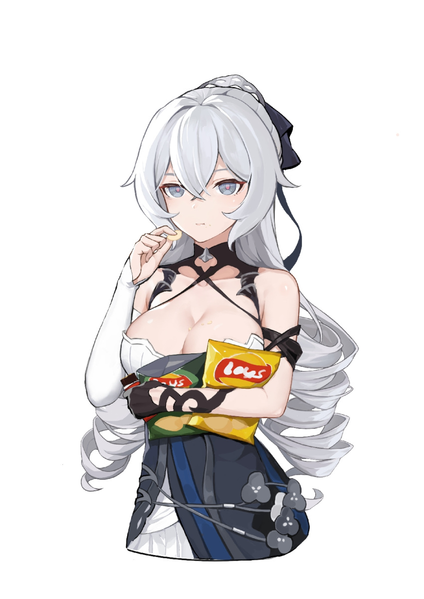 1girl :t bare_shoulders black_gloves breasts bronya_zaychik chips cleavage cropped_torso detached_sleeves dress drill_hair eating food gloves grey_eyes grey_hair hand_up heiza highres holding honkai_(series) honkai_impact_3rd large_breasts lay's long_hair long_sleeves looking_at_viewer ponytail potato_chips simple_background single_detached_sleeve single_glove sleeveless sleeveless_dress solo white_background white_dress