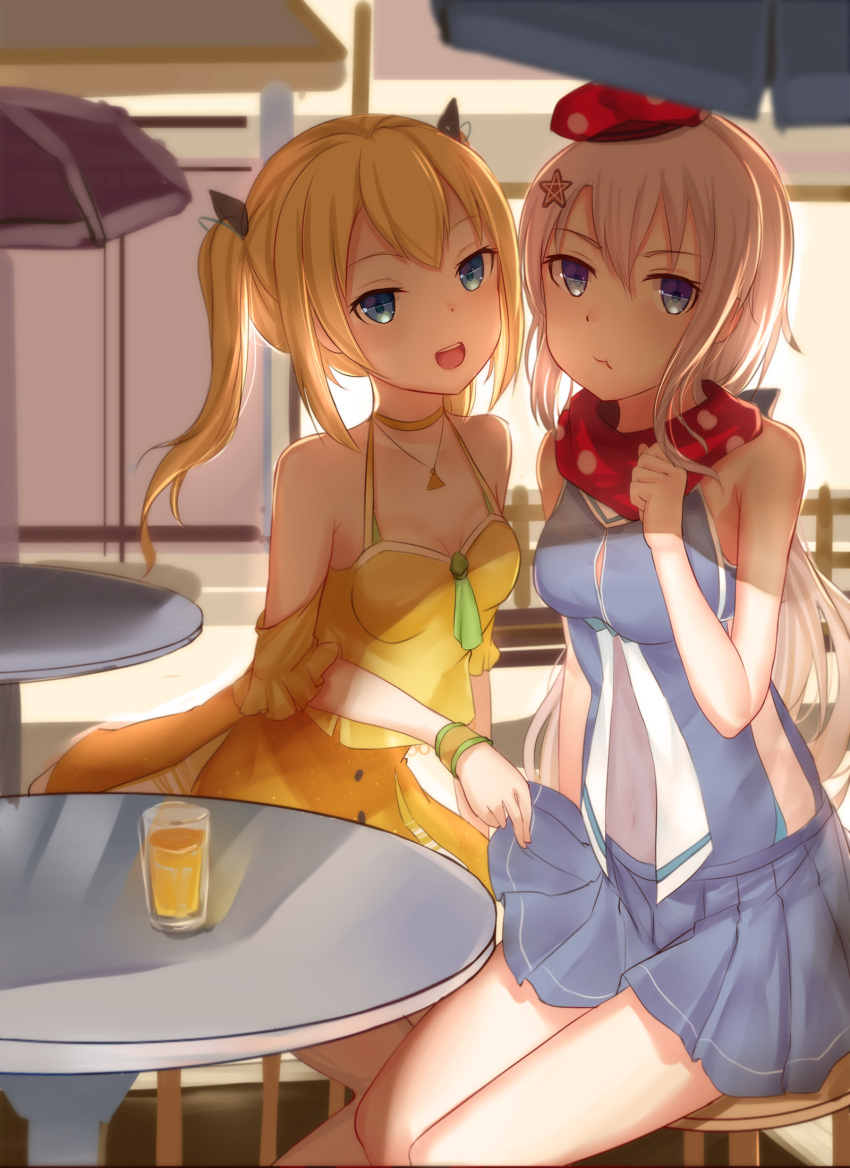 2girls 9a-91_(girls'_frontline) bangs bare_shoulders beret blonde_hair blue_dress blue_eyes blue_skirt bobo_(6630978) breasts closed_mouth clothes_lift collarbone covered_navel cup dress eyebrows_visible_through_hair feet_out_of_frame girls'_frontline hair_ornament hat highres long_hair looking_at_viewer medium_breasts multiple_girls off_shoulder open_mouth red_scarf scarf silver_hair simple_background sitting skirt skirt_lift skorpion_(girls'_frontline) small_breasts smile star_(symbol) star_hair_ornament table twintails yellow_dress