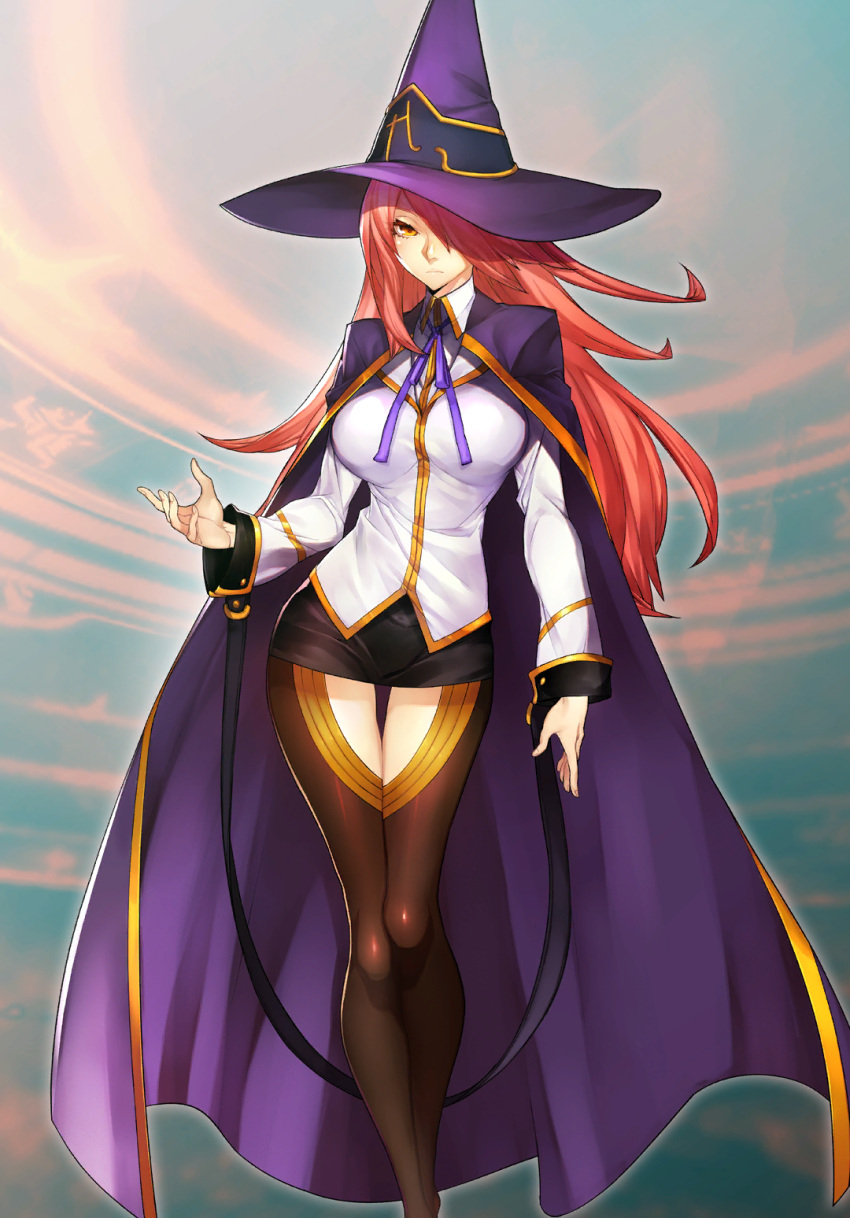 1girl blazblue blazblue_alternative:_dark_war blazblue_phase_0 bow breasts cape hair_over_one_eye hat highres katou_yuuki konoe_a._mercury large_breasts long_hair looking_at_viewer miniskirt necktie official_alternate_costume official_art pantyhose pink_hair purple_bow purple_cape purple_headwear purple_necktie shirt skirt solo thigh_gap thighhighs third-party_source witch witch_hat yellow_eyes