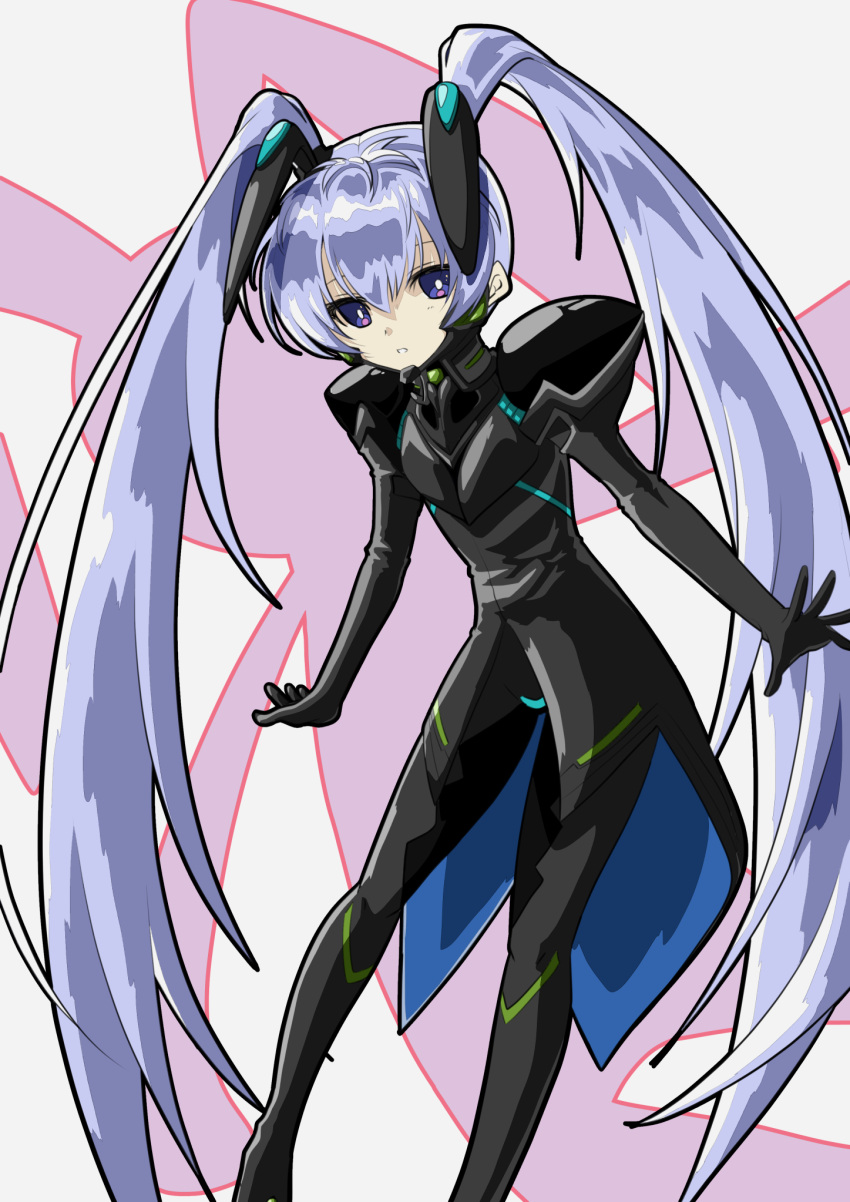 1girl black_gloves eyebrows_behind_hair fortified_suit gloves hair_behind_ear highres juliet_sleeves kamon_rider leaning_forward long_hair long_sleeves muvluv muvluv_alternative open_hands parted_lips pilot_suit puffy_sleeves purple_eyes silver_hair solo twintails very_long_hair yashiro_kasumi