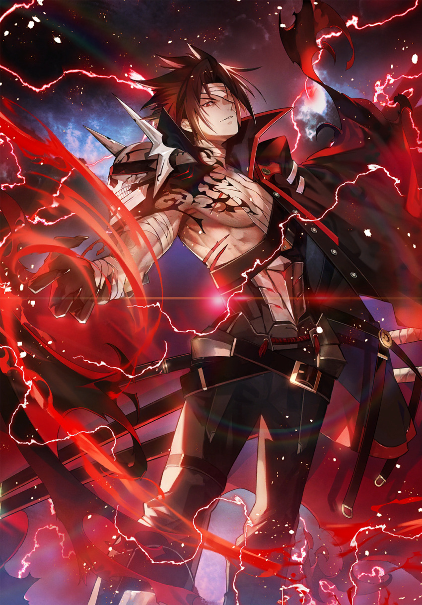 1boy amputee another_dark_kagura arm_out_of_sleeve aura bandage_over_one_eye bandaged_arm bandaged_chest bandaged_neck bandages belt belt_buckle black_cape black_cloak black_gloves black_hair black_jacket black_pants blazblue blazblue_alternative:_dark_war buckle cape cloak eyebrows forked_eyebrows gloves highres holding holding_sword holding_weapon jacket kagura_mutsuki katana kyouka_hatori lightning long_sleeves looking_at_viewer official_art pants powering_up red_eyes scar scar_on_chest sheath sheathed skull smile solo sword torn_cape torn_cloak torn_clothes weapon