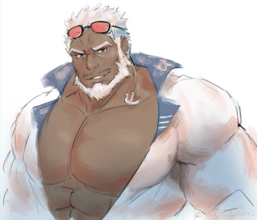 1boy aegir_(housamo) alternate_pectoral_size anchor_earrings aqua_hair bara beard blue_eyes dark-skinned_male dark_skin earrings ep06 facial_hair highres jewelry large_pectorals male_focus mature_male multicolored_hair muscular muscular_male pectoral_cleavage pectorals seductive_smile short_hair single_earring sketch smile solo streaked_hair tokyo_afterschool_summoners upper_body white_hair