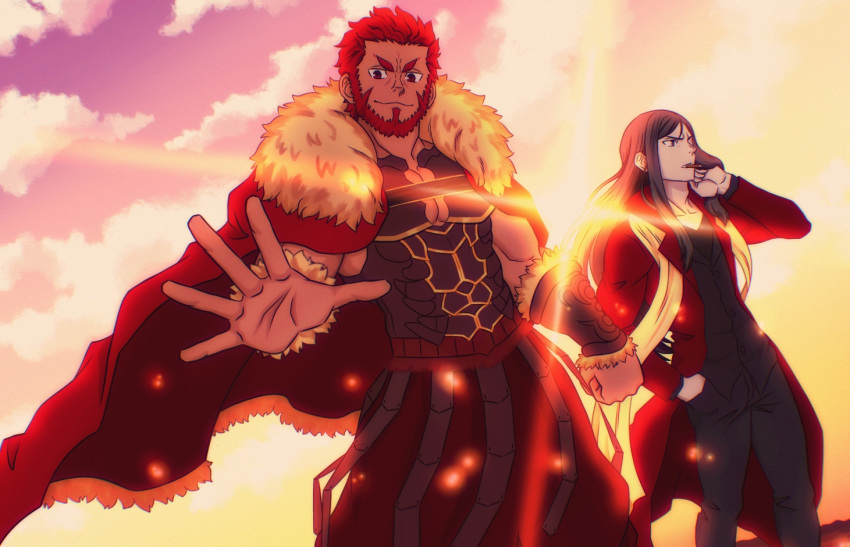 2boys armor beard breastplate cape cleavage_cutout clothing_cutout danichigo facial_hair fate/grand_order fate/zero fate_(series) feet_out_of_frame from_below fur-trimmed_cape fur_trim iskandar_(fate) leather long_hair lord_el-melloi_ii male_focus mature_male multiple_boys muscular muscular_male open_hand red_eyes red_hair short_hair smile smoking sunlight waver_velvet