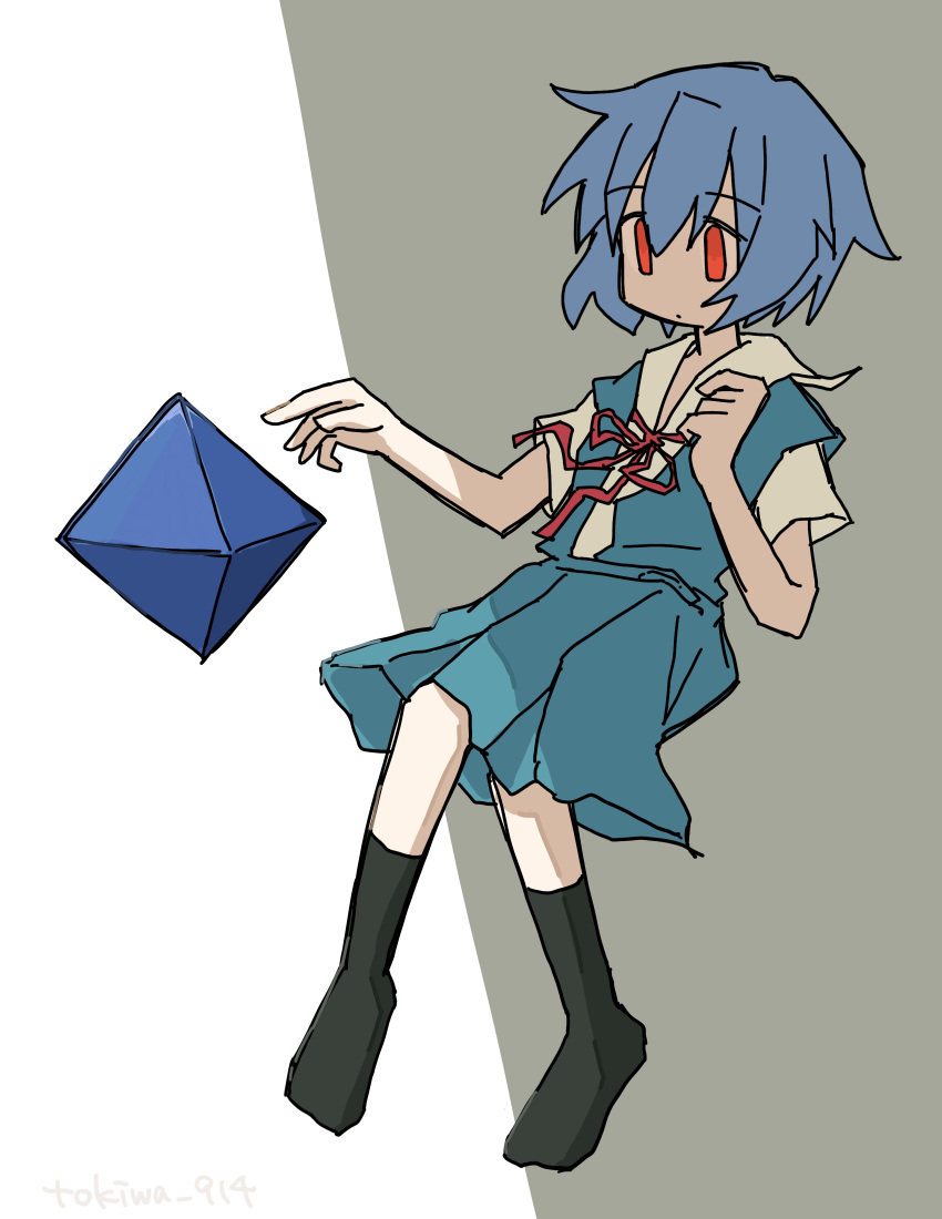 absurdres angel_(evangelion) ayanami_rei black_legwear blue_hair blue_skirt highres neon_genesis_evangelion ramiel red_hair skirt socks tokyo-3_middle_school_uniform_(evangelion)