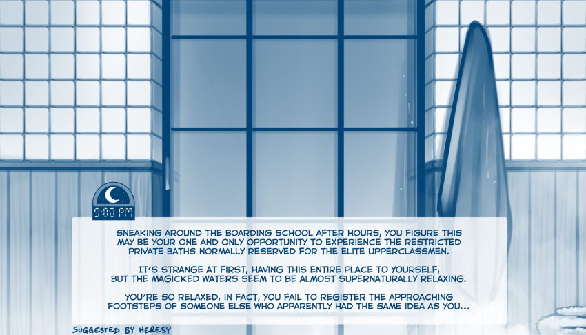 2021 7:4 bathroom blue_and_white conditional_dnp dating_sim english_text hi_res inside monochrome sketch text tom_fischbach towel twokinds user_interface webcomic zero_pictured