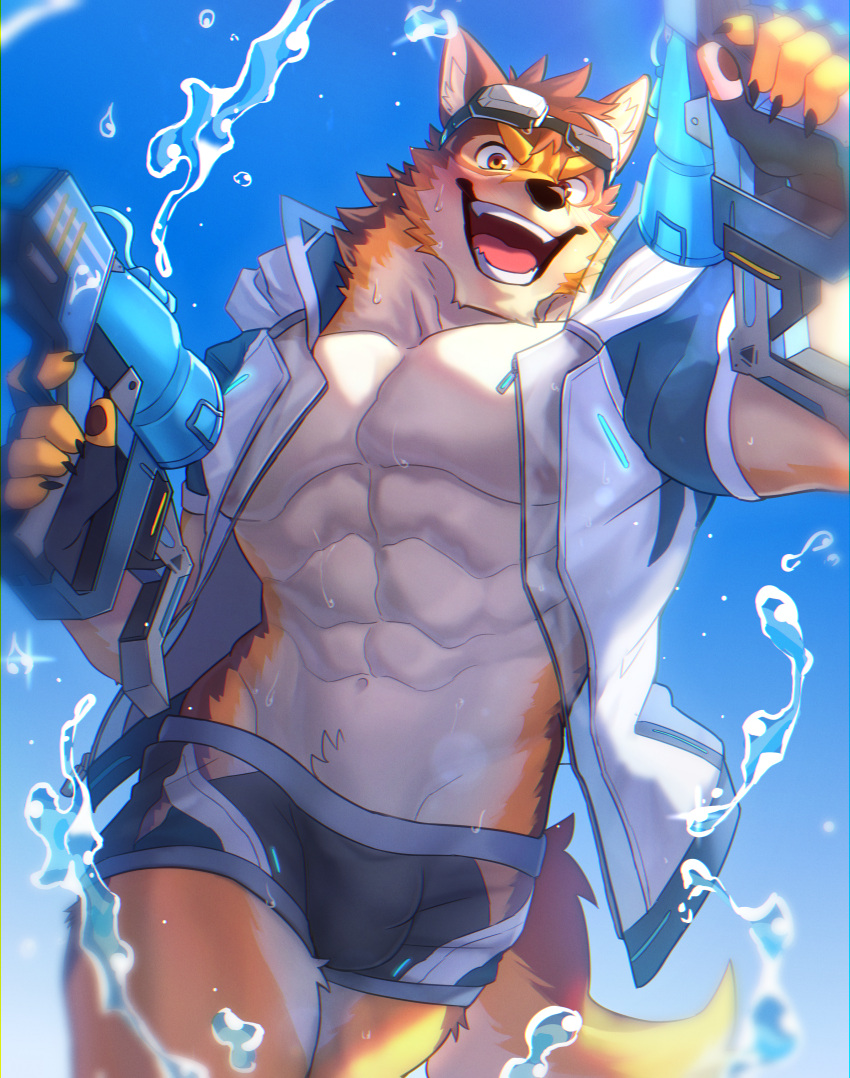 1boy :d abs absurdres animal_ears bara barrel_(live_a_hero) beige_fur brown_fur bulge dog_boy dog_ears dog_tail feet_out_of_frame furry furry_male goggles goggles_on_head grey_male_swimwear grin highres holding holding_water_gun large_pectorals live_a_hero looking_at_viewer madaato_(psgw3383) male_focus male_swimwear muscular muscular_male navel official_alternate_costume orange_fur pectoral_cleavage pectorals see-through short_hair smile solo stomach swim_briefs tail thick_thighs thighs walking water water_gun