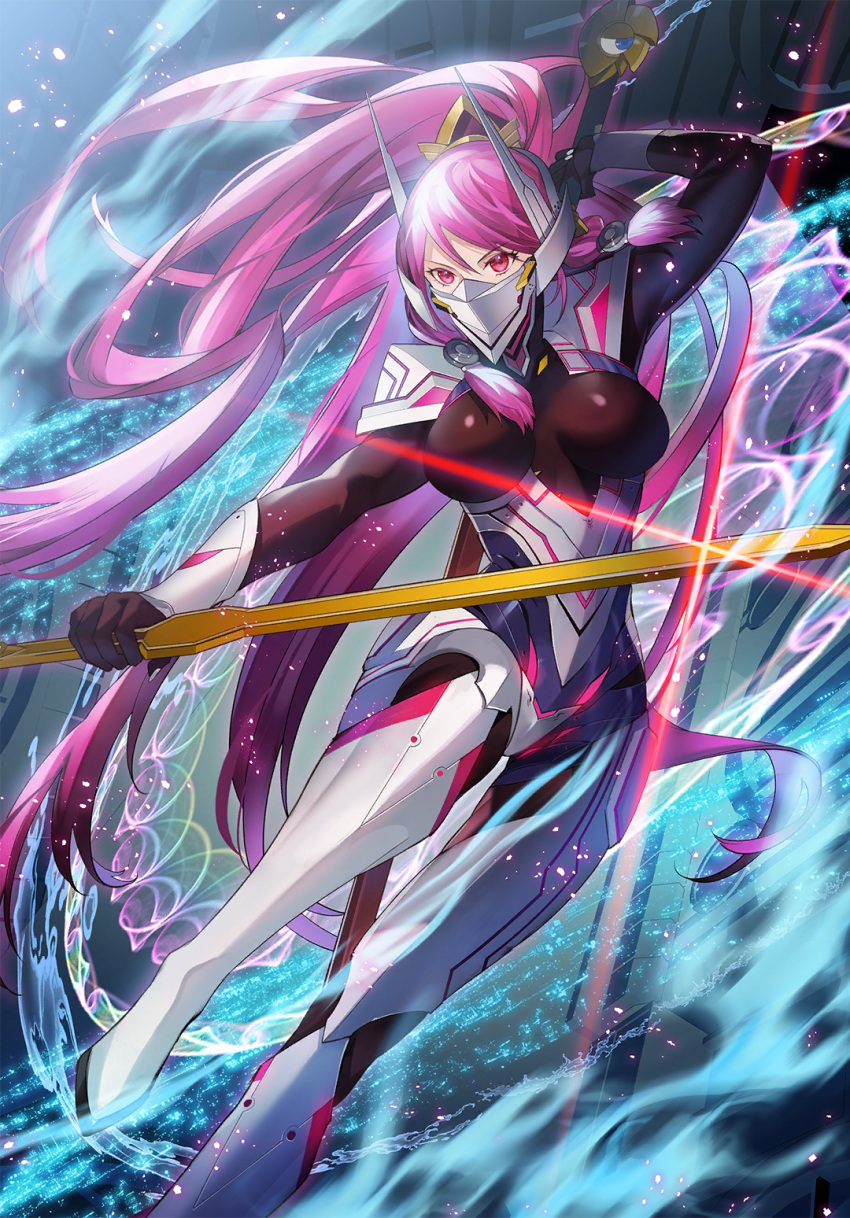 1girl animal_ears armor black_bodysuit blazblue blazblue:_bloodedge_experience blazblue:_central_fiction blazblue_alternative:_dark_war blue_background bodysuit breasts detached_sleeves dual_wielding golden_sword hair_ornament hair_tubes hakumen highres holding izayoi_(blazblue) katana kyouka_hatori large_breasts long_hair mask mouth_mask naoto_kurogane official_art pauldrons ponytail red_eyes red_hair shoulder_armor solo splashing sword trail tsubaki_yayoi very_long_hair water weapon white_armor