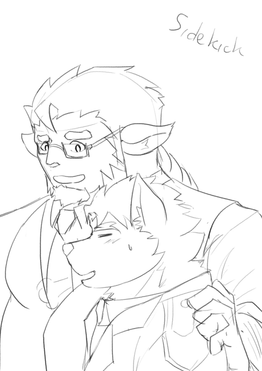 animal_humanoid anthro blush braided_hair braided_ponytail canid canine canis clothing dog_operator domestic_dog duo eyewear glasses hair hi_res huckle humanoid lifewonders live-a-hero male male/male mammal necktie protagonist_(live-a-hero) sketch suit vhb3art video_games