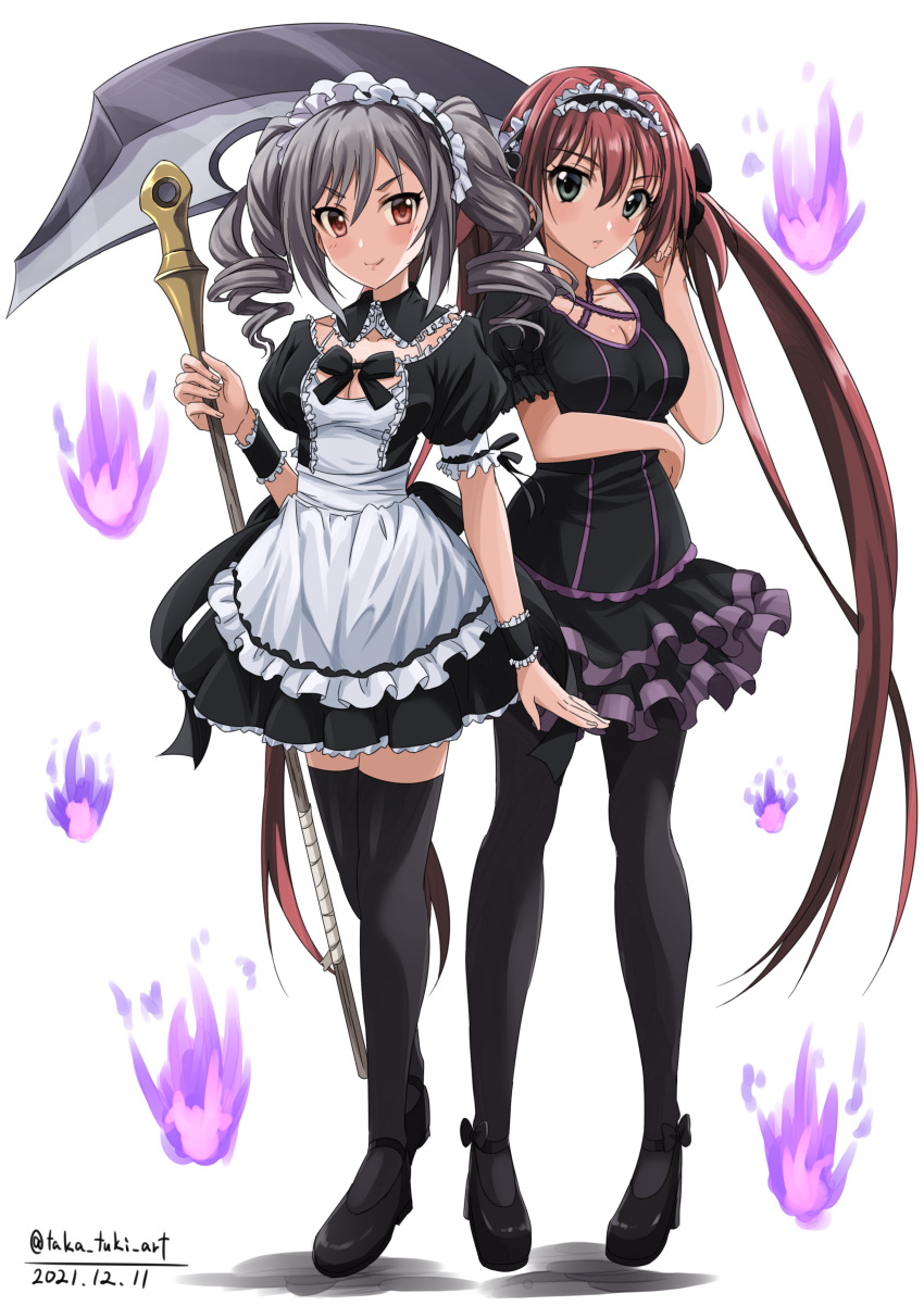 2girls absurdres airi_(queen's_blade) alternate_costume apron arm_under_breasts black_dress black_ribbon blue_eyes breasts cleavage collarbone cosplay costume_switch criss-cross_halter crossed_legs crossover dated detached_collar dress drill_hair floating frills full_body gothic_lolita hair_between_eyes halterneck highres idolmaster idolmaster_cinderella_girls kanzaki_ranko lolita_fashion long_hair looking_at_viewer maid maid_apron maid_headdress mary_janes medium_breasts multiple_girls puffy_short_sleeves puffy_sleeves queen's_blade red_eyes red_hair ribbon scoop_neck scythe shoes short_sleeves silver_hair smile takatsuki_p thighhighs twin_drills twintails twitter_username very_long_hair watson_cross wrist_cuffs zettai_ryouiki