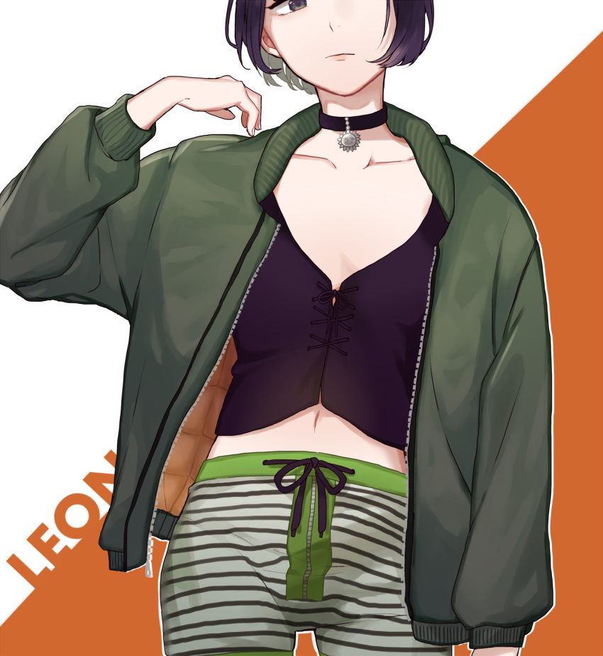 1girl akikuriii arm_at_side bad_id bad_pixiv_id black_hair black_shirt bob_cut closed_mouth collarbone copyright_name cowboy_shot drawstring green_eyes green_jacket green_shorts hand_up highres jacket leon_the_professional mathilda_lando midriff navel open_mouth orange_background pendant_choker shirt short_hair shorts solo striped striped_shorts thigh_gap white_background