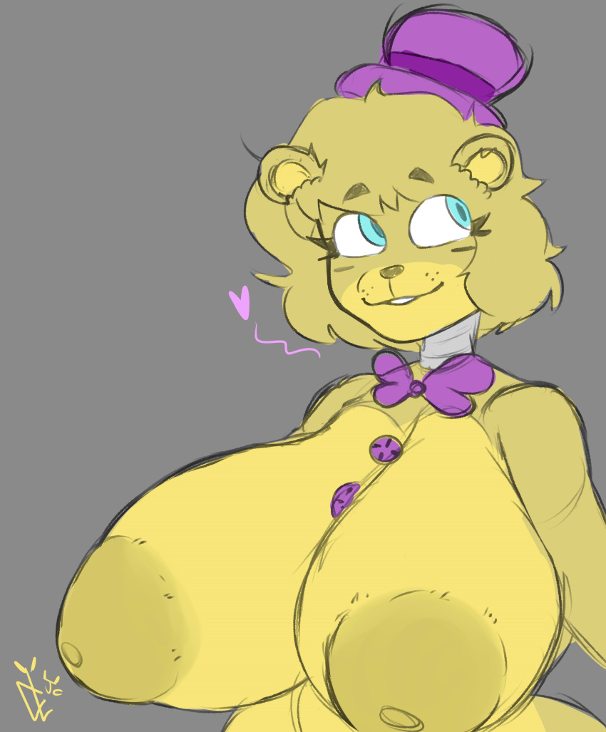 &lt;3 absurd_res animatronic anthro areola big_areola big_breasts big_nipples blonde_hair blue_eyes blue_pupils blush bow_tie breasts bust_portrait button_(fastener) clothing countershading crossgender cumlord eyebrow_through_hair eyebrows eyelashes female five_nights_at_freddy's five_nights_at_freddy's_4 freckles fredbear_(fnaf) fur grey_background hair hat headgear headwear hi_res huge_areola huge_breasts huge_nipples looking_aside machine mammal nipples nude portrait puffy_nipples pupils purple_bow_tie purple_clothing purple_hat purple_headwear purple_top_hat robot short_hair simple_background smile solo teeth teeth_showing top_hat translucent translucent_hair ursid video_games watermark yellow_areola yellow_body yellow_countershading yellow_fur yellow_inner_ear yellow_nipples yellow_nose