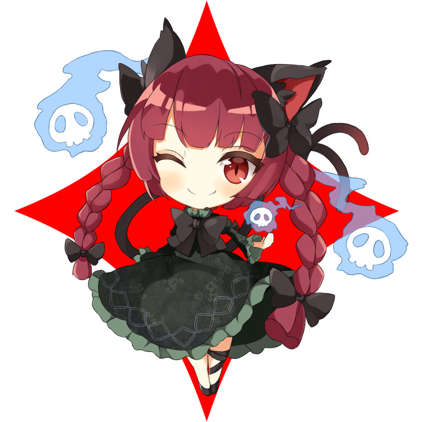 1girl animal_ear_fluff animal_ears black_legwear bow braid cat_ears cat_tail chibi dress fang floral_print ghost green_dress highres hitodama holding holding_skull kaenbyou_rin kuraudo leg_ribbon long_hair multiple_tails one_eye_closed red_eyes red_hair ribbon simple_background skull slit_pupils smile solo star_(symbol) tail touhou twin_braids two_tails