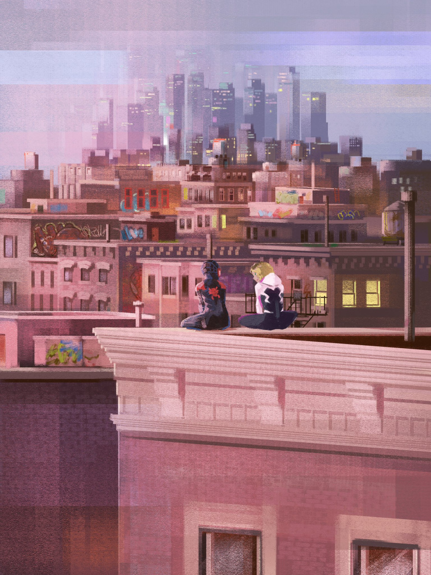 1boy 1girl back blonde_hair bodysuit building city from_behind graffiti gwen_stacy highres hood hood_down marvel mask miles_morales rooftop scenery sengpie short_hair sitting spider-gwen spider-man:_into_the_spider-verse spider-man_(miles_morales) spider-man_(series) superhero window