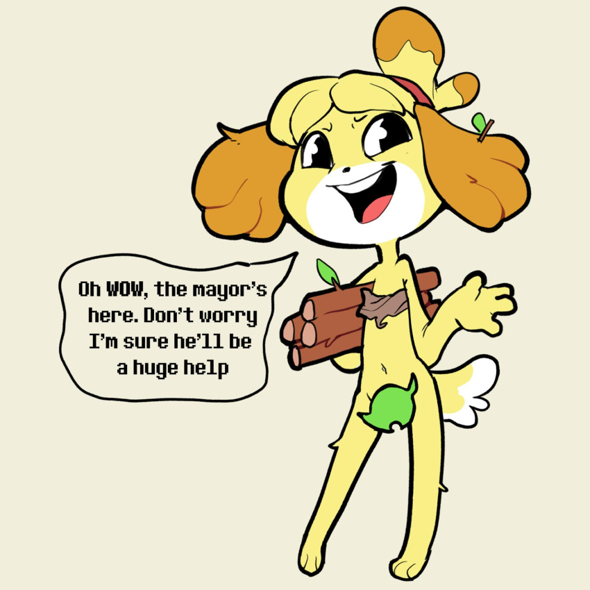 2019 animal_crossing anthro canid canine canis convenient_censorship dialogue domestic_dog english_text female full-length_portrait fur hi_res isabelle_(animal_crossing) itsunknownanon leaf mammal nintendo open_mouth portrait sarcasm shih_tzu solo speech_bubble standing talking_to_viewer text toy_dog video_games yellow_body yellow_fur