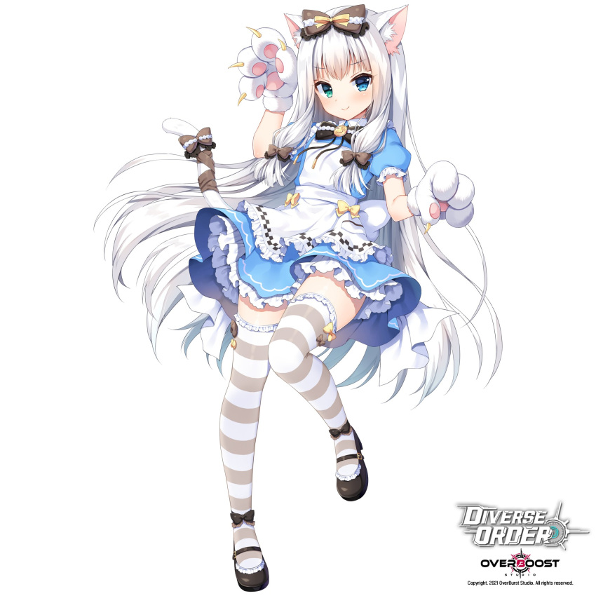 1girl animal_ears animal_hands apron arm_up bangs black_bow black_footwear blue_dress blue_eyes bow cat_ears cat_girl cat_tail character_request closed_mouth collared_dress commentary_request diverse_order dress eyebrows_visible_through_hair frilled_legwear full_body gloves green_eyes heterochromia highres korean_commentary long_hair looking_at_viewer mauve official_art paw_gloves puffy_short_sleeves puffy_sleeves shoes short_sleeves simple_background smile solo striped striped_legwear tail tail_bow tail_ornament thighhighs very_long_hair watermark white_apron white_background white_gloves white_hair