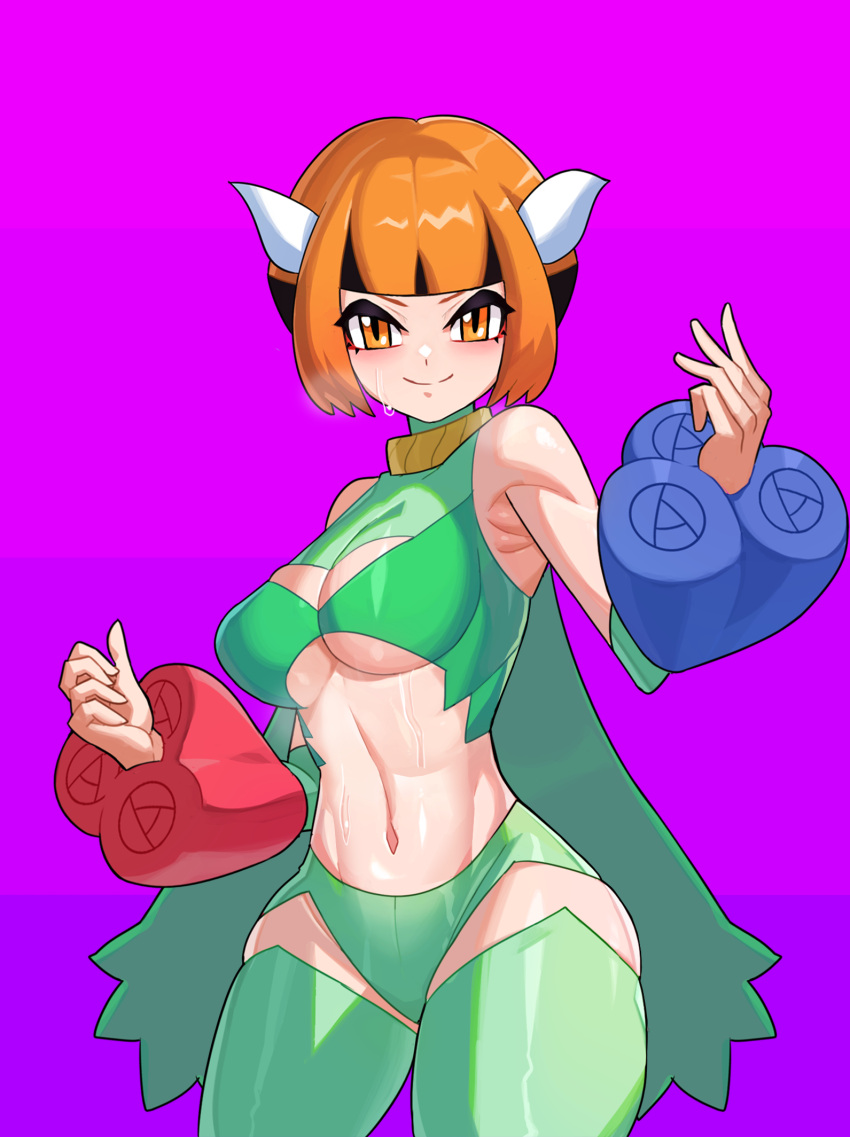 1girl bare_shoulders black_hair blush cosplay drunkoak gardenia_(pokemon) green_legwear highres midriff multicolored_hair navel orange_eyes orange_hair pokemon pokemon_(game) pokemon_dppt purple_background roserade roserade_(cosplay) scarf short_hair shorts skin_tight sleeveless sweat sweatdrop thighhighs two-tone_hair