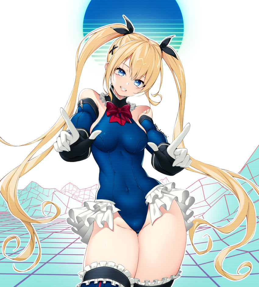 1girl absurdres bangs bare_shoulders blonde_hair blue_eyes bow breasts commentary_request dead_or_alive dead_or_alive_5 frills hair_ornament highres long_hair marie_rose michie_sticker simple_background tied_hair