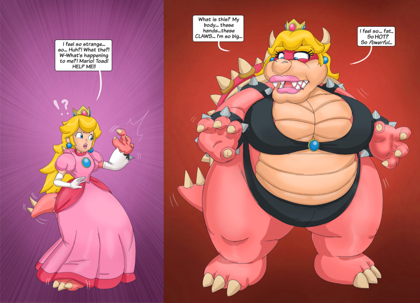 anthro armband before_and_after big_breasts bikini bikini_bottom bikini_top black_bikini black_clothing black_swimwear blonde_hair breasts claws clothing crown dress female hair hi_res horn human koopa koopa_shell lipstick makeup mammal mario_bros nintendo overweight overweight_anthro pink_lipstick princess_koopa princess_peach saturnxart scalie shell solo species_transformation spiked_armband spiked_tail spikes spikes_(anatomy) swimwear text thick_thighs transformation turtle_shell video_games