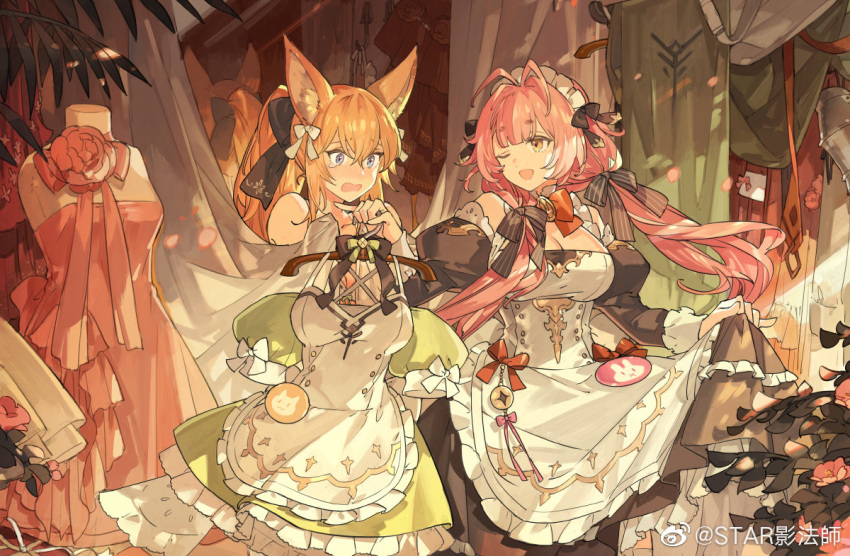 2girls ahoge animal_ears apron bangs blush braid braided_ponytail breasts clothes_shop curtains dress eternal_tree eyebrows_behind_hair eyebrows_visible_through_hair flower fox_ears grey_eyes hair_between_eyes hair_ornament hair_ribbon long_hair looking_at_another maid maid_apron maid_headdress multiple_girls official_art one_eye_closed open_mouth orange_hair pink_hair ribbon smile starshadowmagician