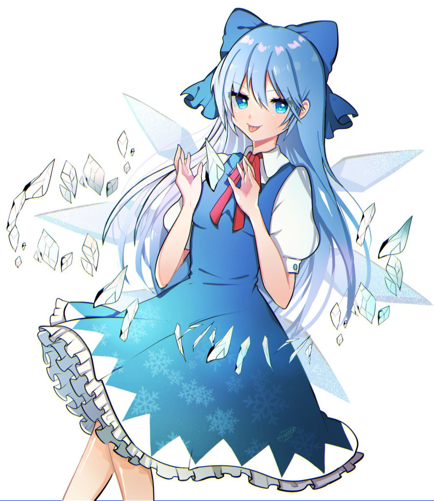 1girl :p alternate_hair_length alternate_hairstyle bangs blue_bow blue_dress blue_eyes blue_hair blush bow breasts cirno collared_shirt commentary_request crystal dress feet_out_of_frame frilled_bow frilled_dress frills hair_bow highres ice ice_wings legs long_hair looking_at_viewer necono_(nyu6poko) pinafore_dress puffy_short_sleeves puffy_sleeves red_neckwear red_ribbon ribbon shard shiny shiny_hair shiny_skin shirt short_sleeves simple_background small_breasts snowflake_print solo tongue tongue_out touhou white_background white_shirt white_sleeves wing_collar wings