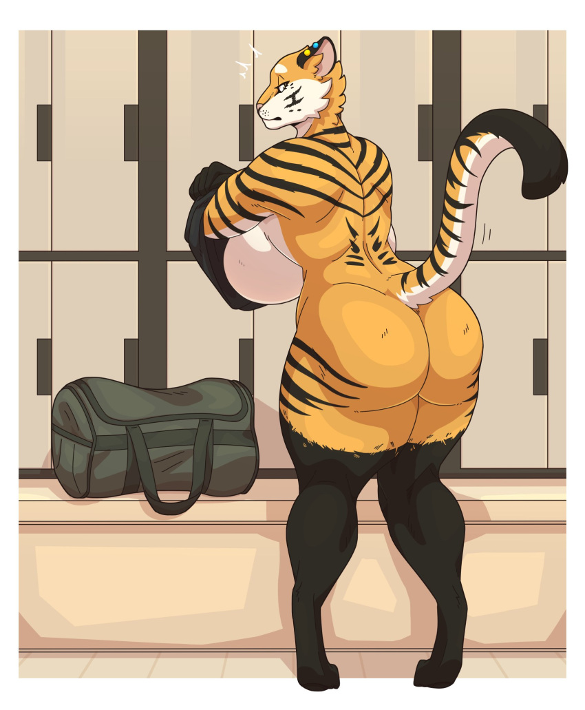 anthro back_boob big_breasts big_butt breasts butt clothing ear_piercing felid female hi_res inside jeannine_geroux leg_markings locker locker_room looking_at_viewer looking_back looking_back_at_viewer mammal markings nude pantherine piercing rear_view slightlysimian socks_(marking) solo stripes tiger undressing