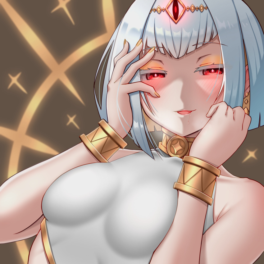 1girl bare_shoulders blush bracelet breasts breath cottage_project drooling eyebrows_visible_through_hair half-closed_eyes hand_on_own_cheek hand_on_own_face highres jewelry looking_at_viewer mangu_nito nekojima parted_lips red_eyes saliva saliva_trail shiny shiny_hair short_hair silver_hair small_breasts solo upper_body virtual_youtuber